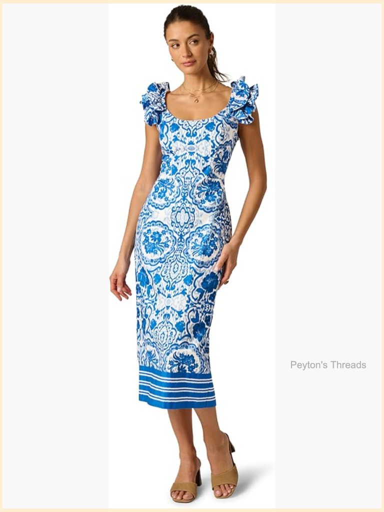 Column Midi Dress With Frilled Straps And Floral Pattern